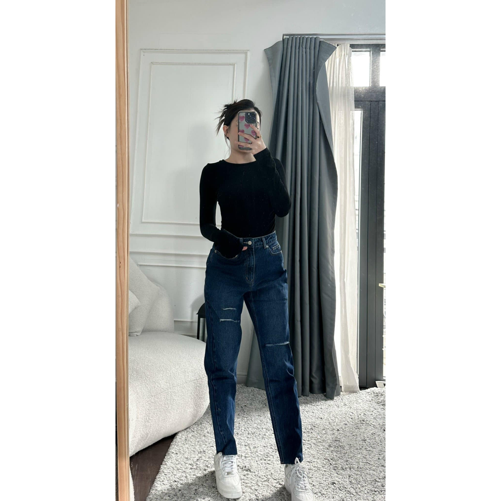 Quần momjean rách lai cắt URATV chất cotton jeans