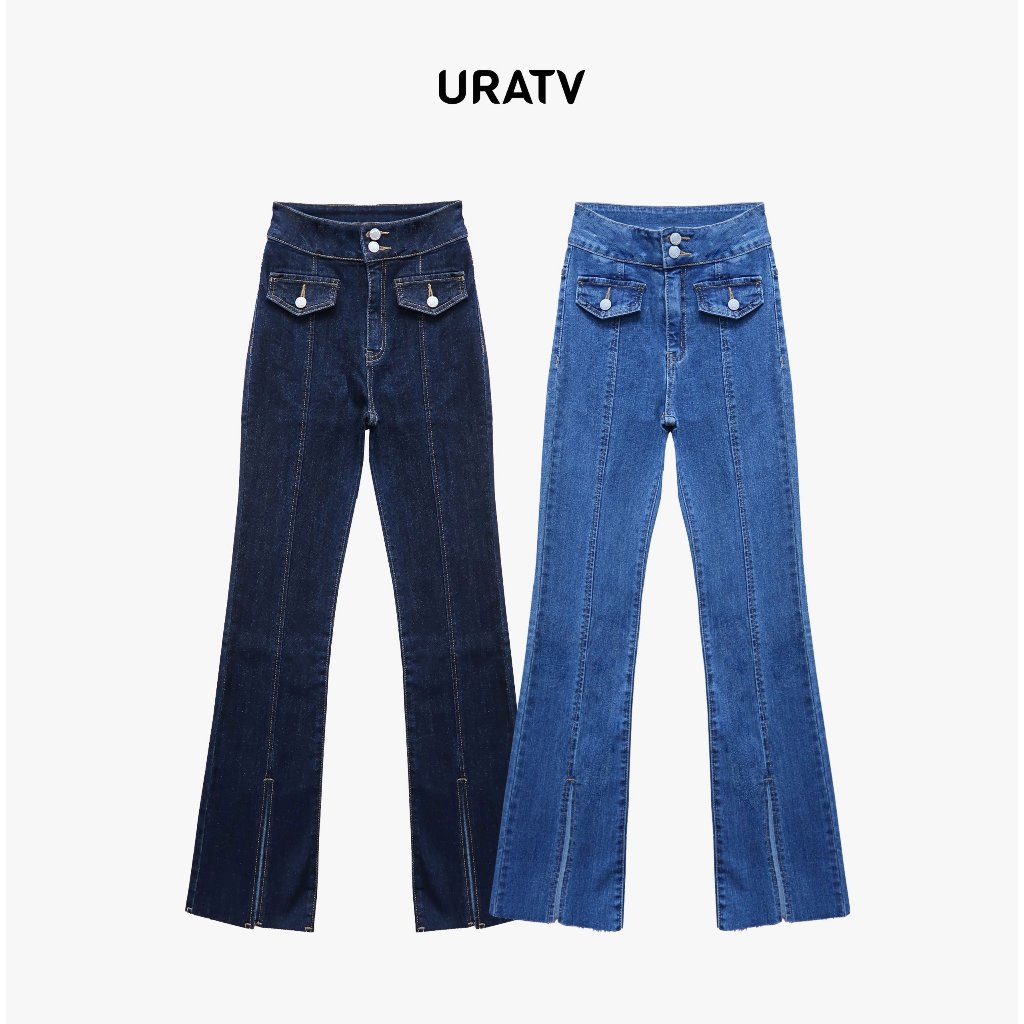 Quần jeans loe xẻ túi trước co giãn lưng cao