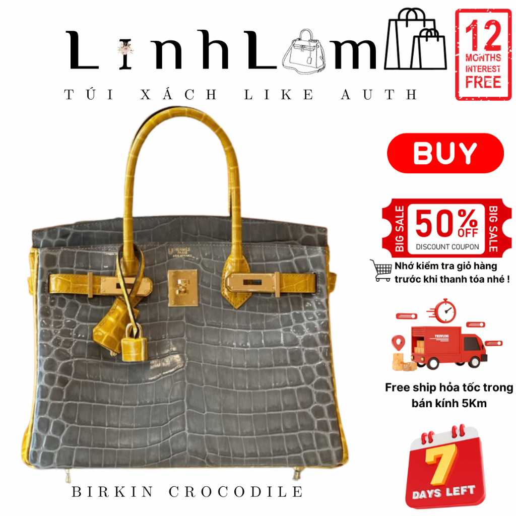 Túi Xách Nữ HM Birkin Crocodile,Size30,Toàn Bộ Là Chỉ Sáp Khâu Tay 100%,Chuẩn Auth Full A-Z, Bảo Hành Trọn Đời