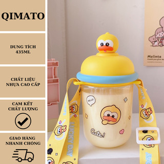 Bình nước cute nắp kín 435ml, Bình nước hình thú cho bé kèm dây đeo chéo Qimato