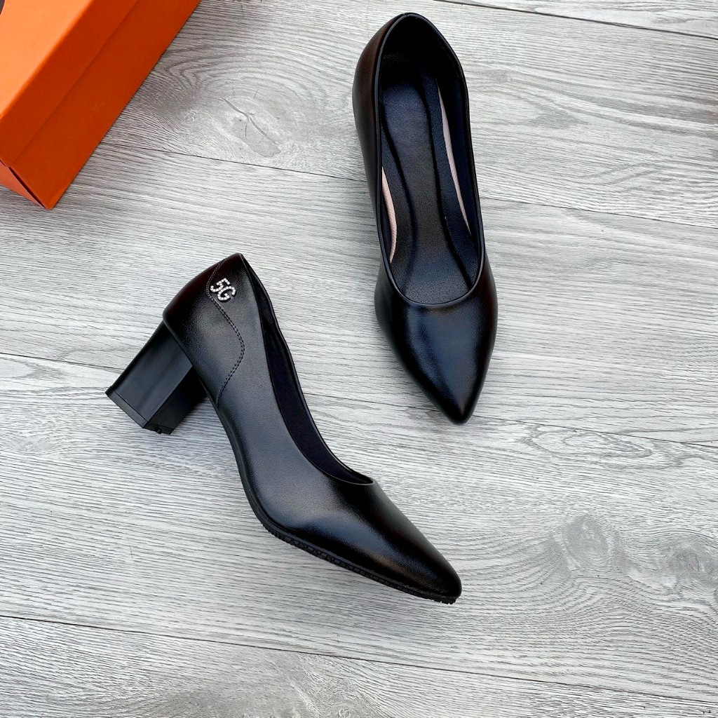 Giày cao gót mũi nhọn đính mác cạnh gót vuông 5 cm - Made in Vietnam