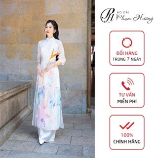Áo dài Sương Mây, áo dài truyền thống màu trắng cổ hai phân, áo dài 4 tà chất tơ organza họa tiết cô tiên tóc mây ADPH