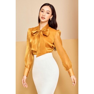 Áo lụa cổ nơ nữ, áo cổ nơ organza Lake Fashion form đẹp điệu đà