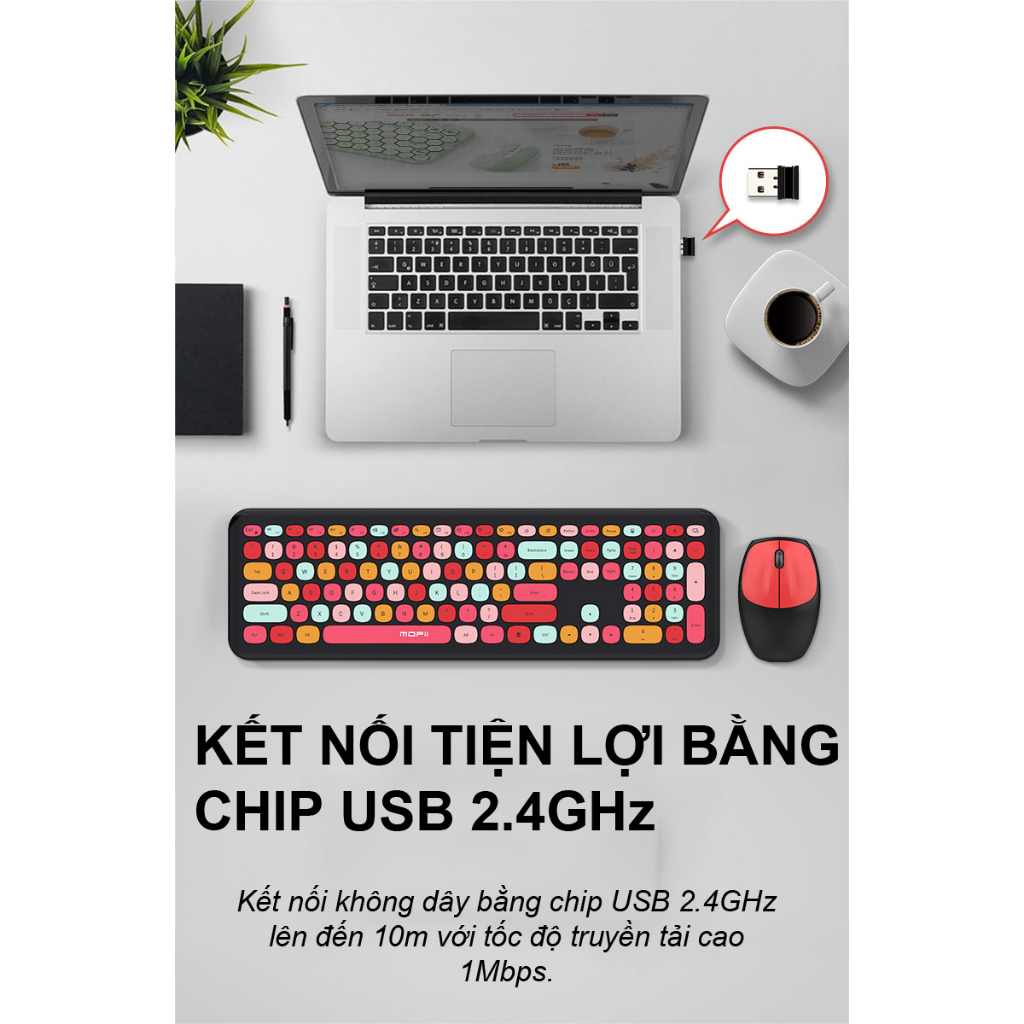 Combo bàn phím và chuột không dây MOFII 666 thiết kế hiện đại đa dạng màu sắc dùng chip USB 2.4GHz- Chính Hãng