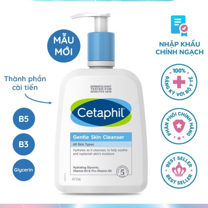 Sữa rửa mặt dịu nhẹ Cetaphil 473ml mẫu mới, gel rửa mặt dành cho da dầu và da nhạy cảm Gentle Skin Cleanser