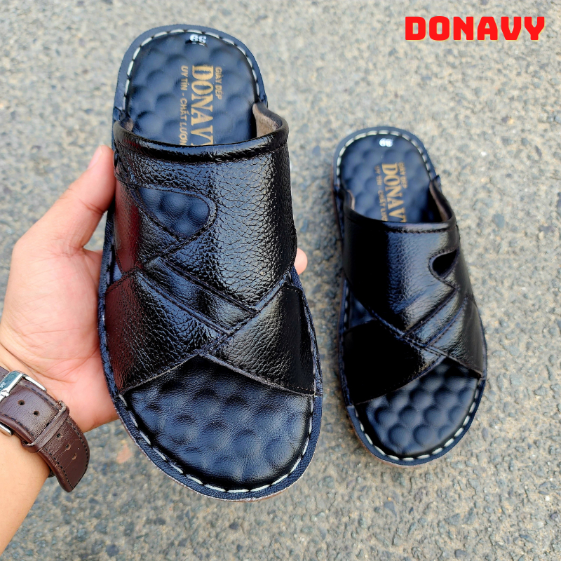 Dép nam quai da bò 100% DONAVY, Hàng công ty cao cấp, May quai chắc chắn, họa tiết sắc sảo DMSC