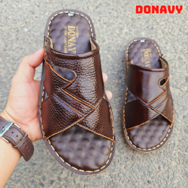 Dép nam quai da bò 100% DONAVY, Hàng công ty cao cấp, May quai chắc chắn, họa tiết sắc sảo DMSC