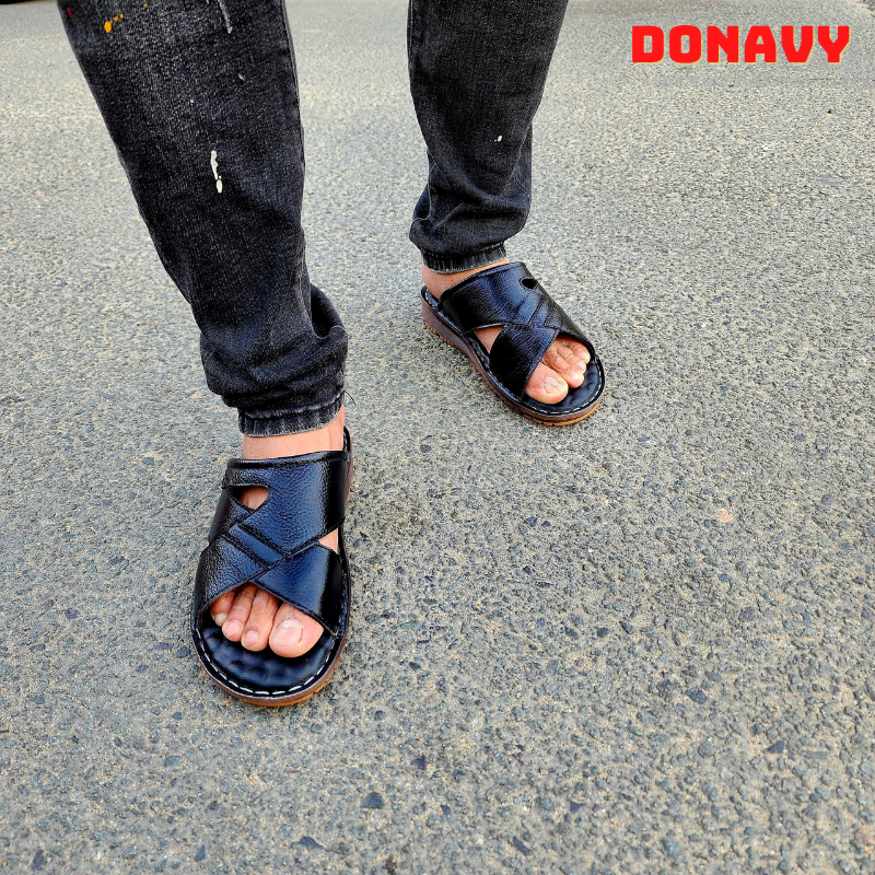 Dép nam quai da bò 100% DONAVY, Hàng công ty cao cấp, May quai chắc chắn, họa tiết sắc sảo DMSC