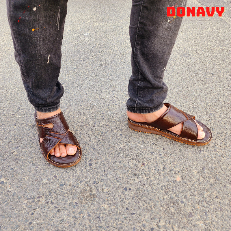 Dép nam quai da bò 100% DONAVY, Hàng công ty cao cấp, May quai chắc chắn, họa tiết sắc sảo DMSC