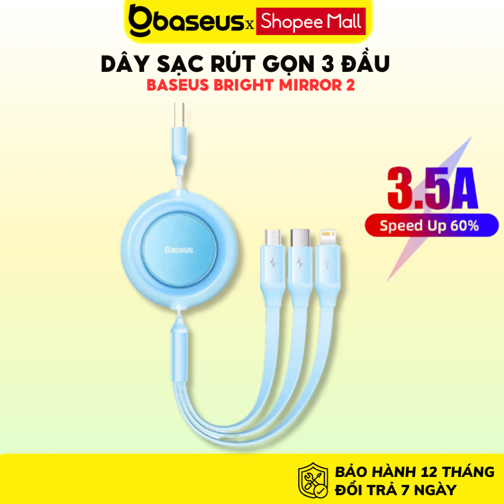 Dây sạc nhanh 3 đầu rút gọn Baseus Bright Mirror 2 Cáp đa năng cho các dòng điện thoại smartphone