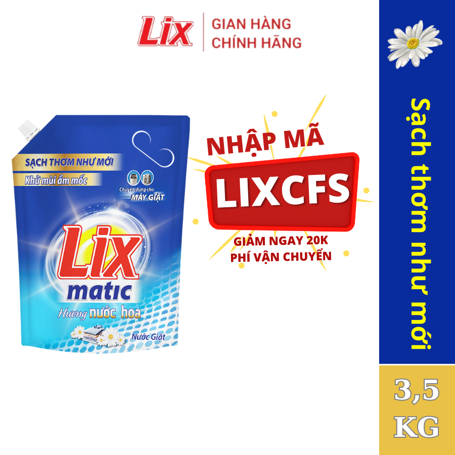 Nước giặt Lix Matic hương nước hoa túi 2,6kg giặt tẩy vết bẩn cứng đầu, máy giặt cửa trước NGM27 - Lixco Việt Nam