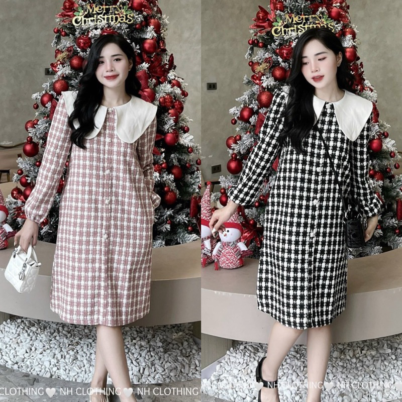 Váy thiết kế cao cấp tiểu thư dạ kẻ cổ sen
