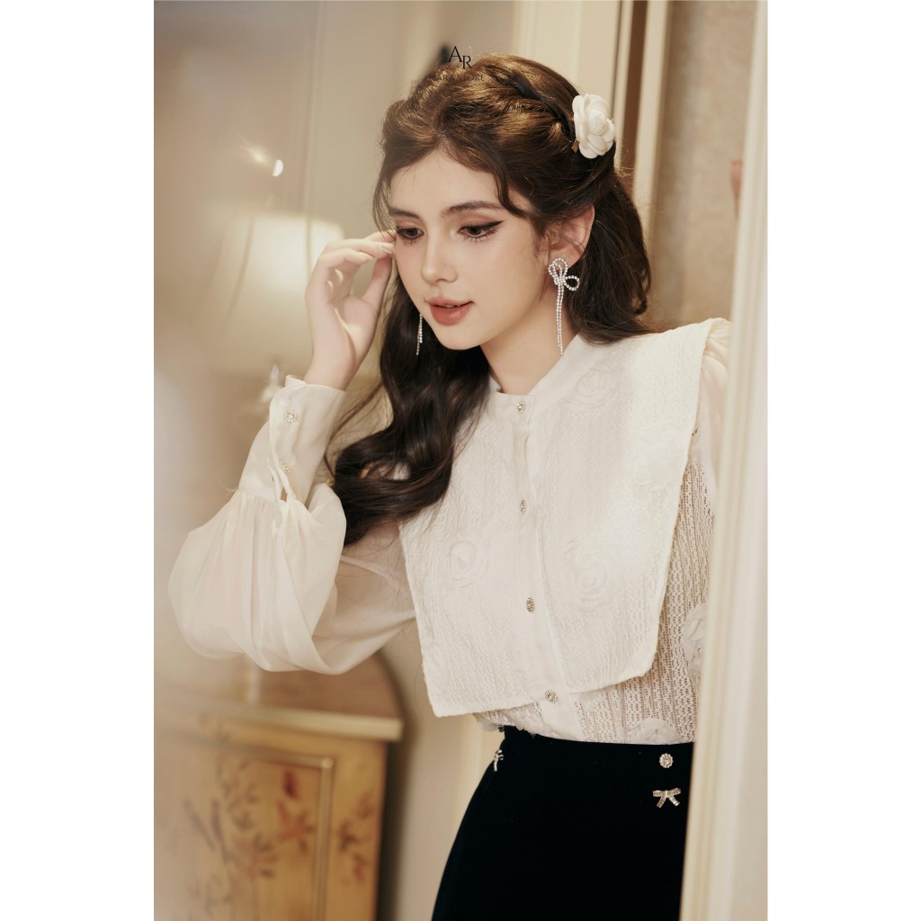 MARYLYN SHIRT áo sơ mi hoạ tiết ren hoa cổ yếm tay voan điệu đà by The Camellia Studio