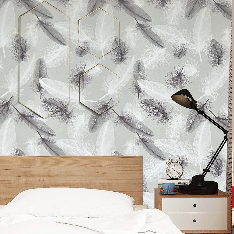 10m giấy decor dán tường sẵn keo lông vũ xám màu mới 9096-3