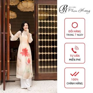 Áo dài Uyển Vi - kem (áo dài Phạm Hương) -  thiết kế truyền thống màu be cổ hai phân, áo dài 4 tà chất tơ organza ADPH