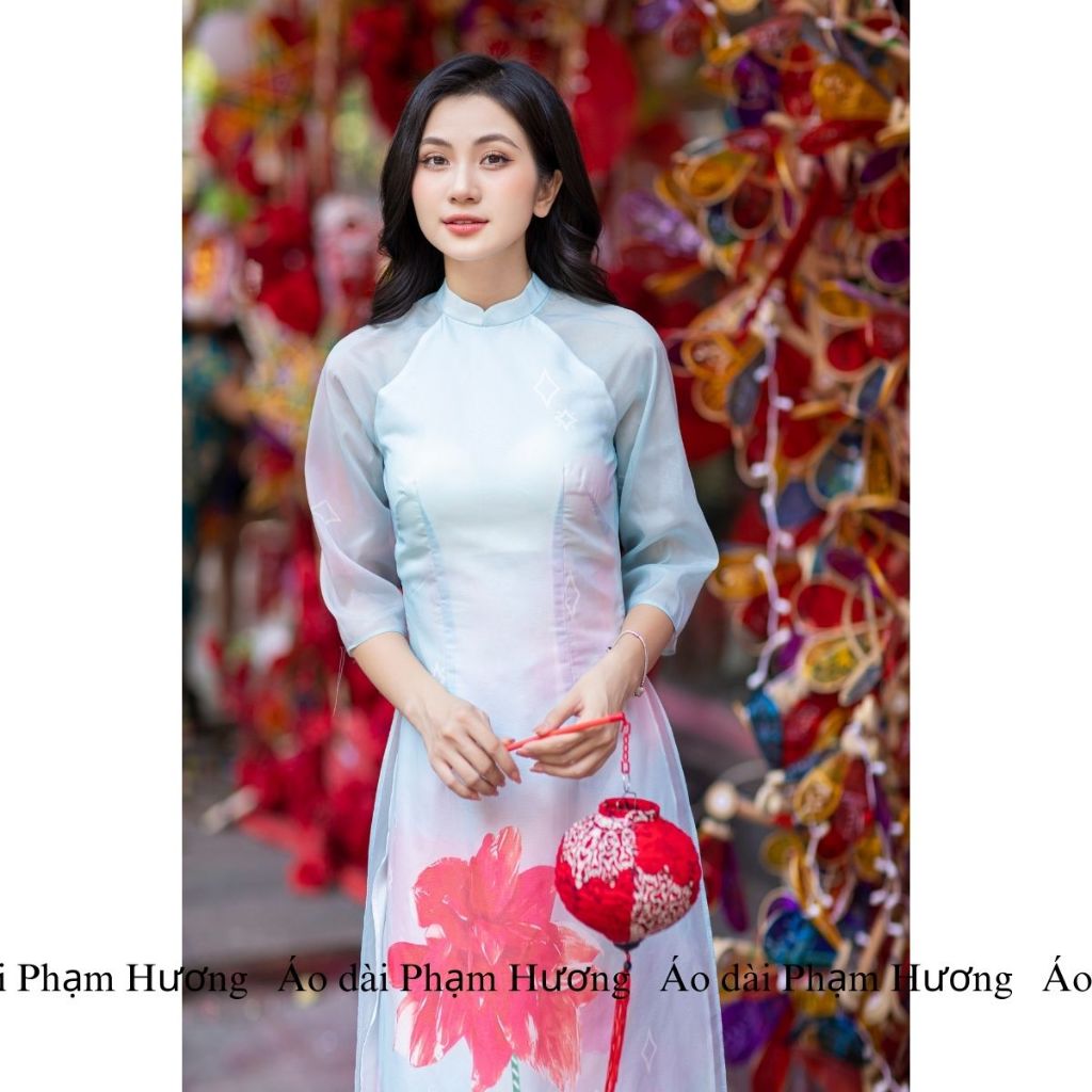 Áo dài Uyển Vi - xanh, áo dài truyền thống màu xanh dương cổ hai phân, áo dài 4 tà chất tơ organza họa ADPH