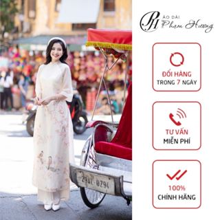 Áo dài Ngọc Trâm, áo dài truyền thống màu kem ánh cam cổ hai phân, áo dài 4 tà chất tơ organza ADPH