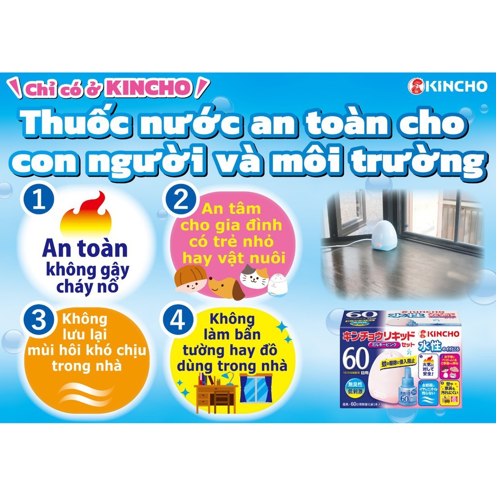 - Máy xông tinh dầu đuổi muỗi KINCHO loại 60 ngày/90 ngày không mùi, an toàn lành tính cho bé
