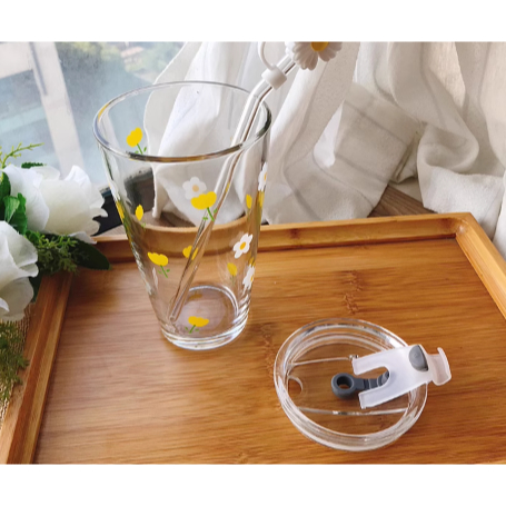 Cốc thuỷ tinh hoa nhí dài kèm ống hút CTT46 cute dễ thương decor vintage 400ml