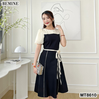 Đầm thiết kế phối tay phồng đính nơ eo BEMINE MT8610