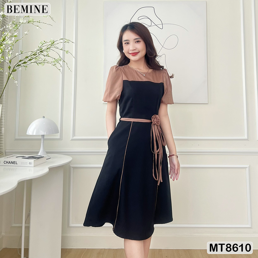 Đầm thiết kế phối tay phồng đính nơ eo BEMINE MT8610