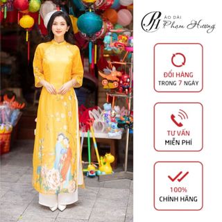 Áo dài Vân Du - vàng - thiết kế truyền thống màu vàng cổ hai phân, áo dài 4 tà chất tơ organza ADPH