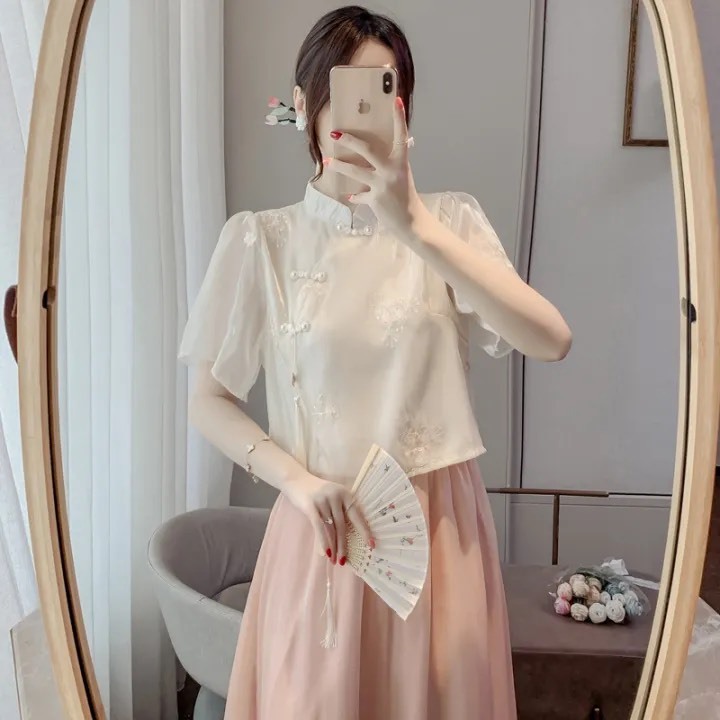 Đầm váy nữ REVA C117 Set Váy Thiết Kế Có Lót Voan Ánh Tơ Cao Cấp Kèm Áo Voan Hoa Nút Mây Cho Nàng Đi Dự Tiệc, Mặc Tết