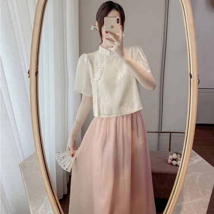 Đầm váy nữ REVA C117 Set Váy Thiết Kế Có Lót Voan Ánh Tơ Cao Cấp Kèm Áo Voan Hoa Nút Mây Cho Nàng Đi Dự Tiệc, Mặc Tết