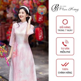 Áo dài Linh San, áo dài truyền thống màu hồng loang cổ hai phân, áo dài 4 tà chất tơ organza ADPH
