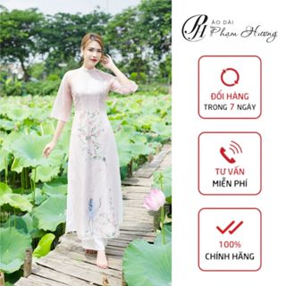 Áo dài Hạ Chi (áo dài Phạm Hương) thiết kế truyền thống màu hồng pastel cổ hai phân, áo dài 4 tà chất tơ organza ADPH