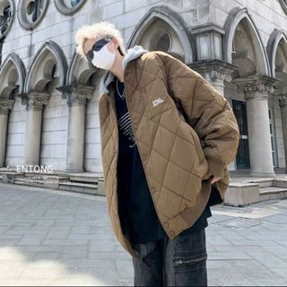 Áo Phao Nam Chần Bông Mũ Tháo Rời Họa Tiết Quả Trám Phong Cách Hàn Quốc