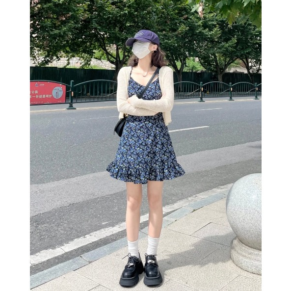 Đầm hai dây hoa nhí, xanh đen  D1138