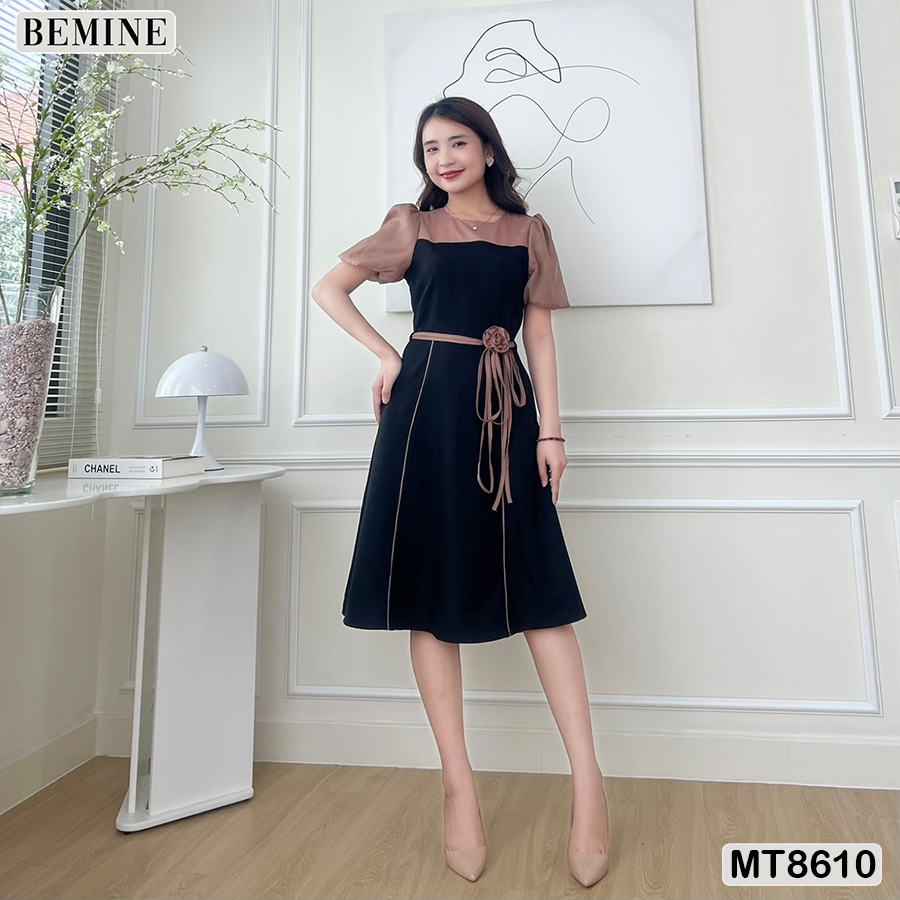Đầm thiết kế phối tay phồng đính nơ eo BEMINE MT8610