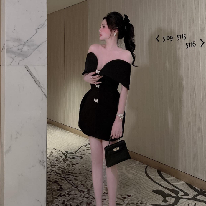 Váy trễ vai đính đá dự tiệc thiết kế L1