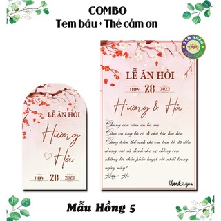 Combo Tem dán chai nước dẹt bầu + Thẻ cảm ơn đám cưới mẫu mới - Hồng 5