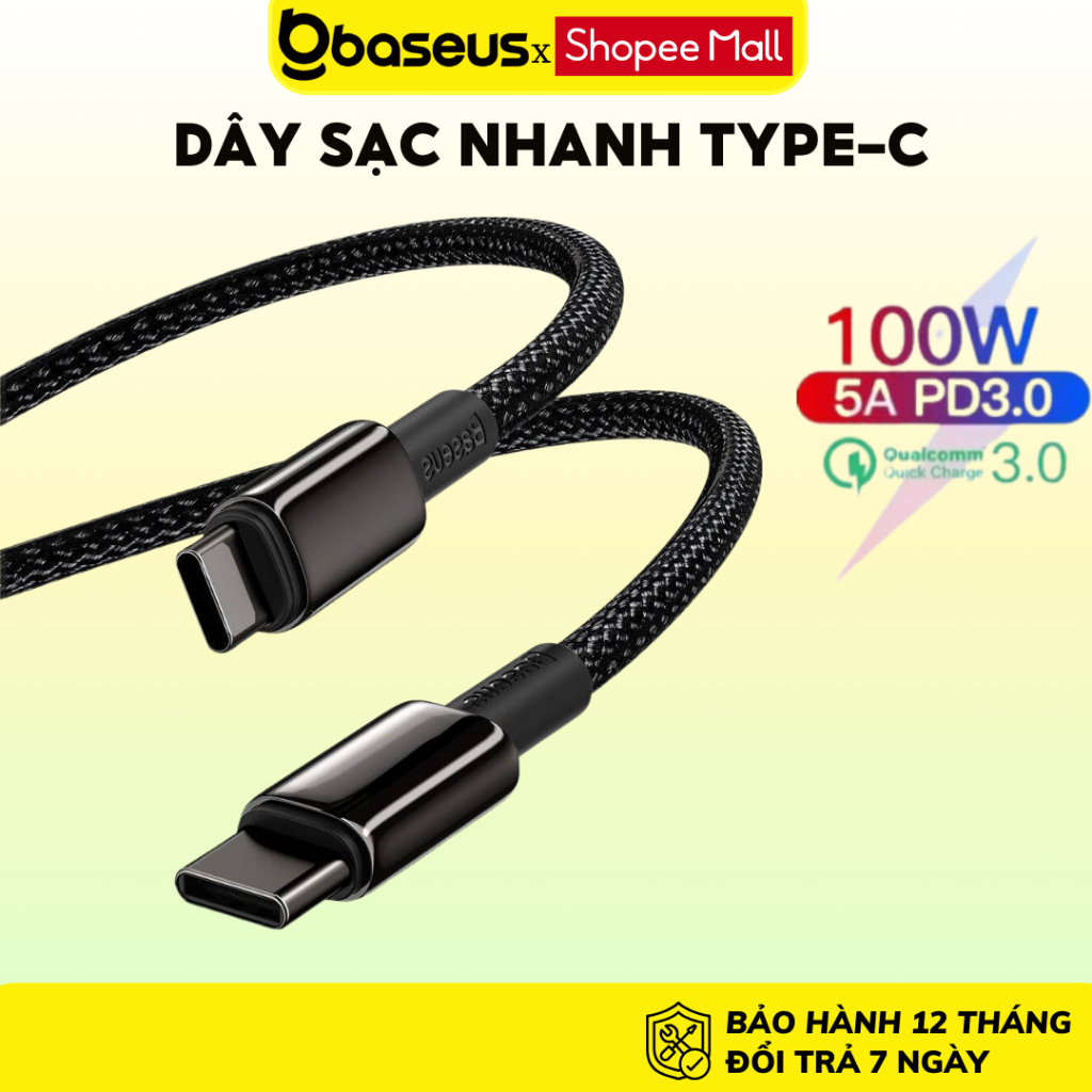 Cáp sạc nhanh Type C 100W 5A Baseus dây dù C to C truyền dữ liệu dùng cho samsung xiaomi máy tính bảng