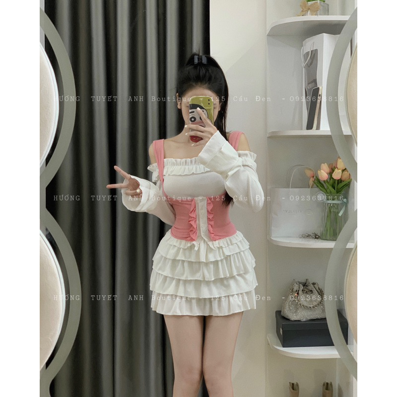 Set đầm trễ vai 4 tầng áo yếm