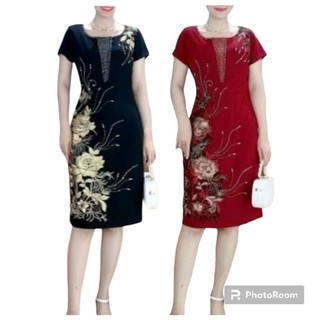 Đầm dự tiệc trung niên thiết kế sang trọng hoa chân cao cấp, Đầm trung niên dự tiệc thêu hoa chân 3D cao cấp
