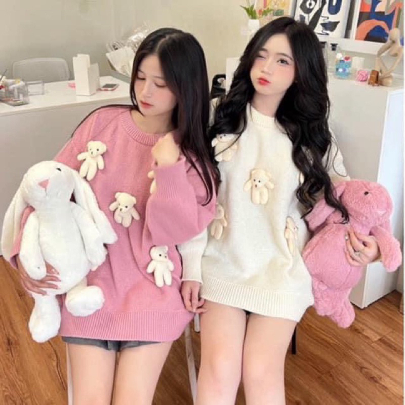 Áo Len Dáng Rộng Kèm Gấu Bông Nổi