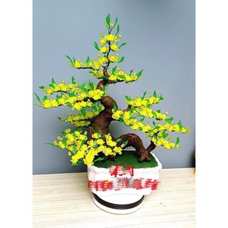 Set nguyên liệu làm chậu hoa mai, hoa đào, gốc sơn acrylic dáng rồng 25cm, không gồm chậu