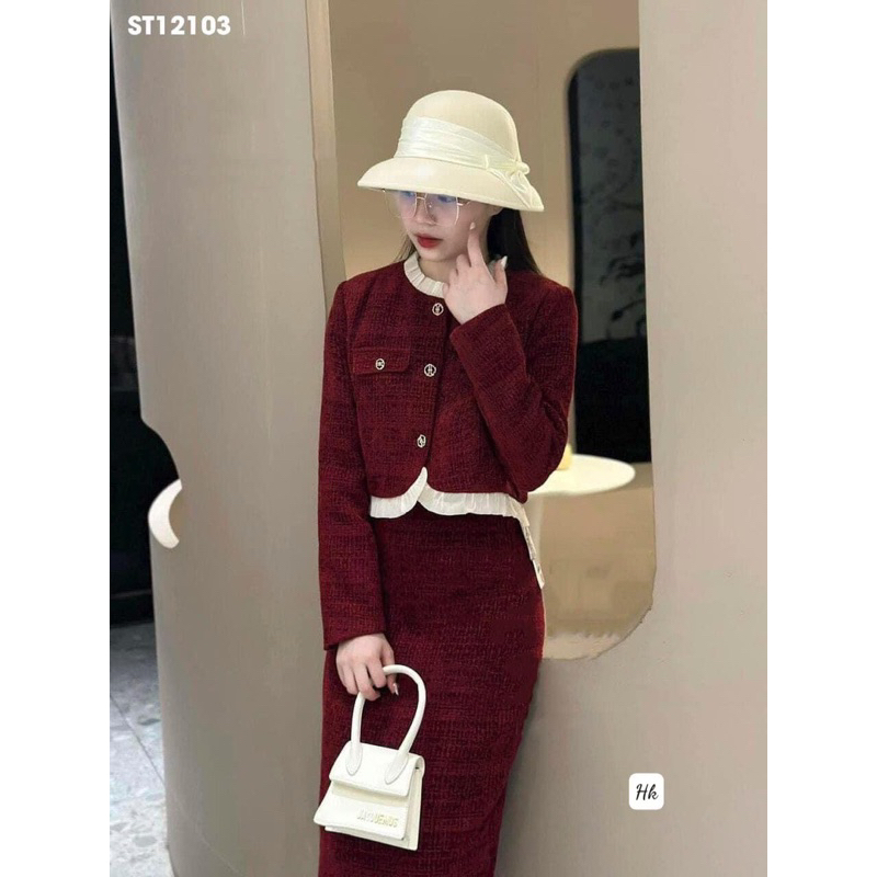 Set Dạ Tweed Đỏ Phong Cách Hàn Quốc