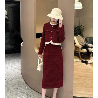 Set Dạ Tweed Đỏ Phong Cách Hàn Quốc