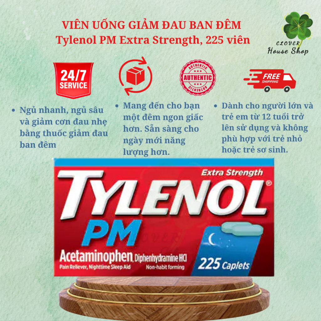 [Auth Mỹ] Viên uống giảm đau Tylenol PM Extra Strength ban đêm, 225 viên