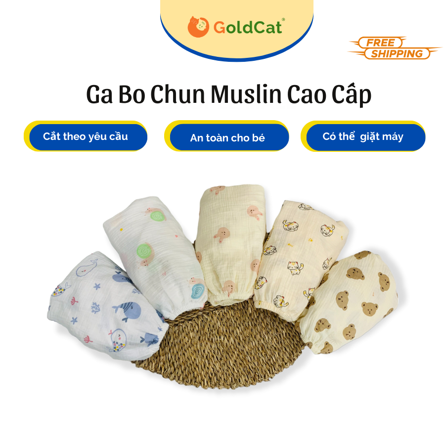 Ga chun bọc đệm cho bé Goldcat, chất liệu muslin cao cấp, siêu mềm mịn, bo chun ôm sát đệm, kích thước 72x110