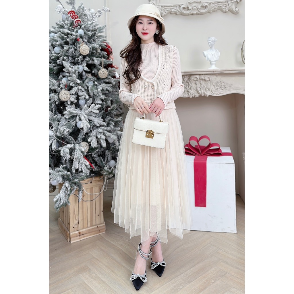 Set len nữ cao cấp áo ghile + váy len dáng dài, freesize - XU XU SHOP - Bộ nữ thu đông hàng thiết kế mềm mịn, co giãn