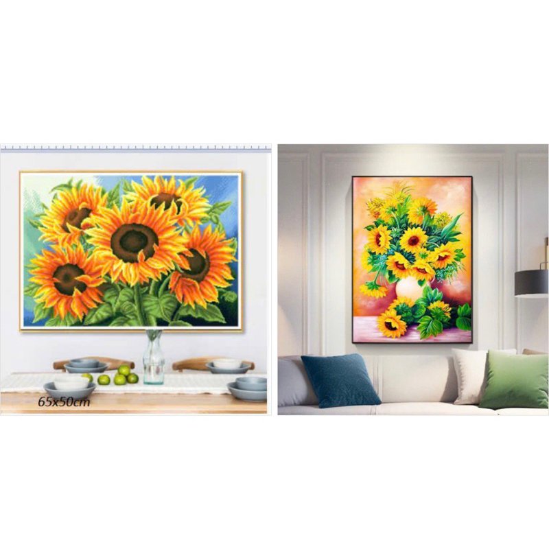Tranh thêu chữ thập Hoa hướng dương CHỈ LỤA THÊU KÍN 65x50 cm
