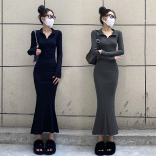  Đầm váy ôm body đuôi cá dáng dài liền thân phối khóa kéo hàng Quảng Châu phong cách Hàn Quốc NGOMINH SP68 