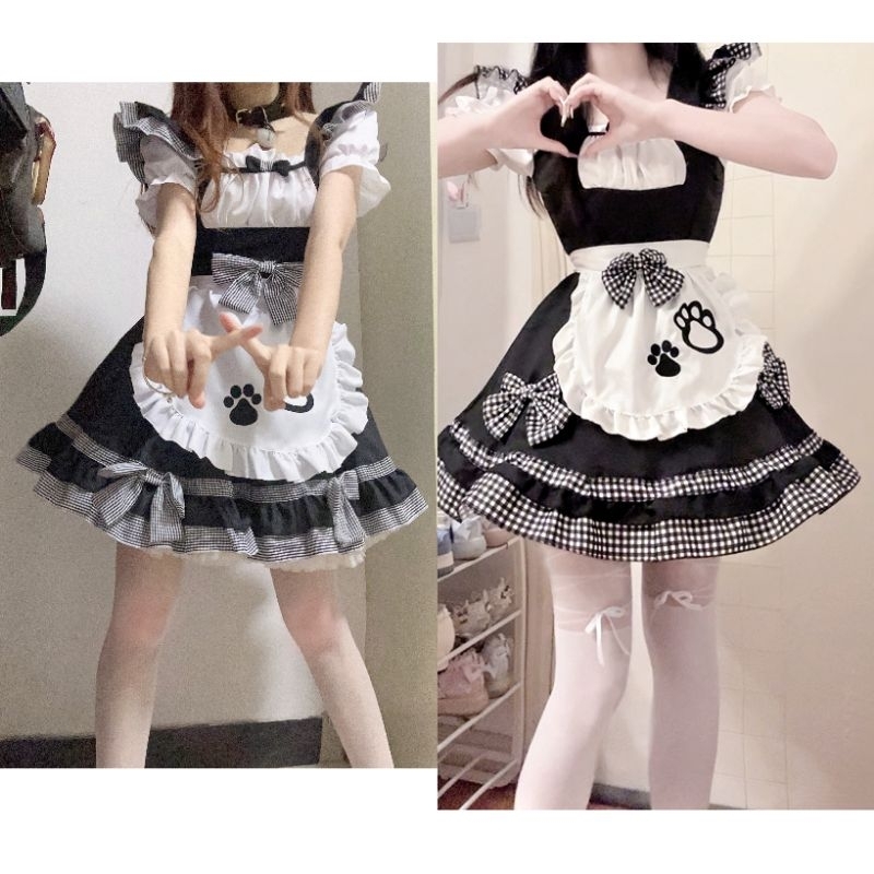 Che Tên, Váy Maid Tạp Dề Chân Mèo Phối Bèo Caro Dễ Thương Full Phụ Kiện Kèm Tất