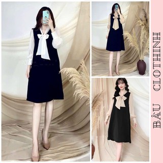 Váy đầm bầu v434 dài tay cổ nơ tay dài chất đũi phối 2 màu sang chảnh - đầm váy công sở dự tiệc đi sang trọng