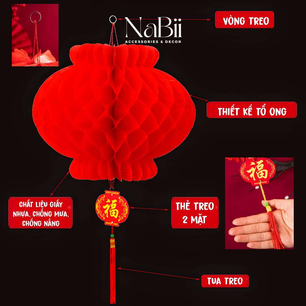 Đèn lồng đỏ chữ Phúc, Nilon, Ngoài Trời Chống Nước treo trang trí Lễ Tết, Siêu Thị